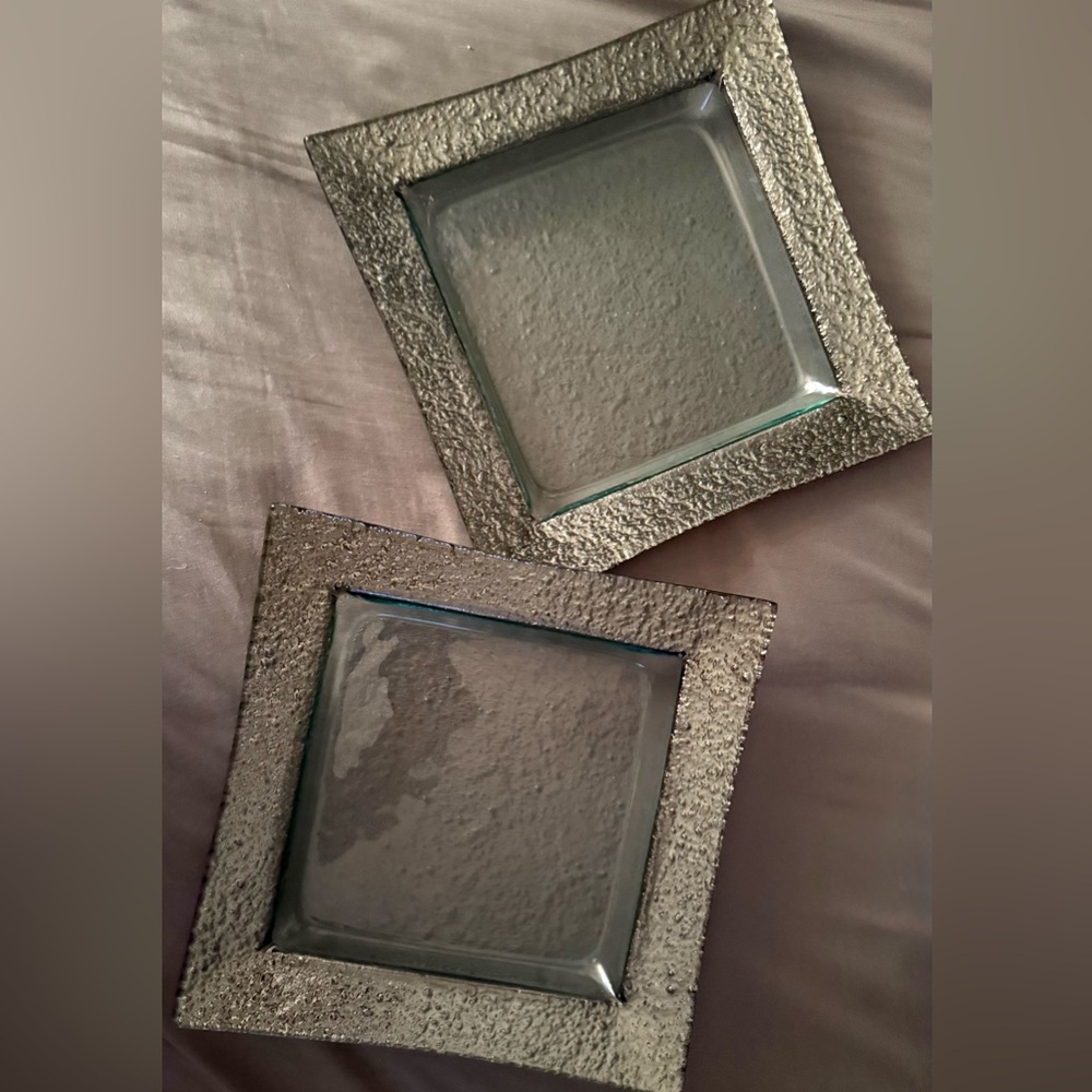 2 Silver rimmed, bubble glass plates. 8 5/8”